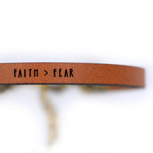 Load image into Gallery viewer, FAITH &gt; FEAR Engraved Leather Bracelet
