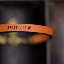 Load image into Gallery viewer, FAITH &gt; FEAR Engraved Leather Bracelet
